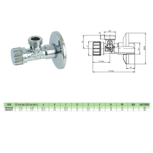 Кран вентильный угловой Bugatti PN10 НН 1/2'x1/2' 08600007 Кран вентильный угловой Bugatti PN10 НН 1/2'x1/2' 08600007